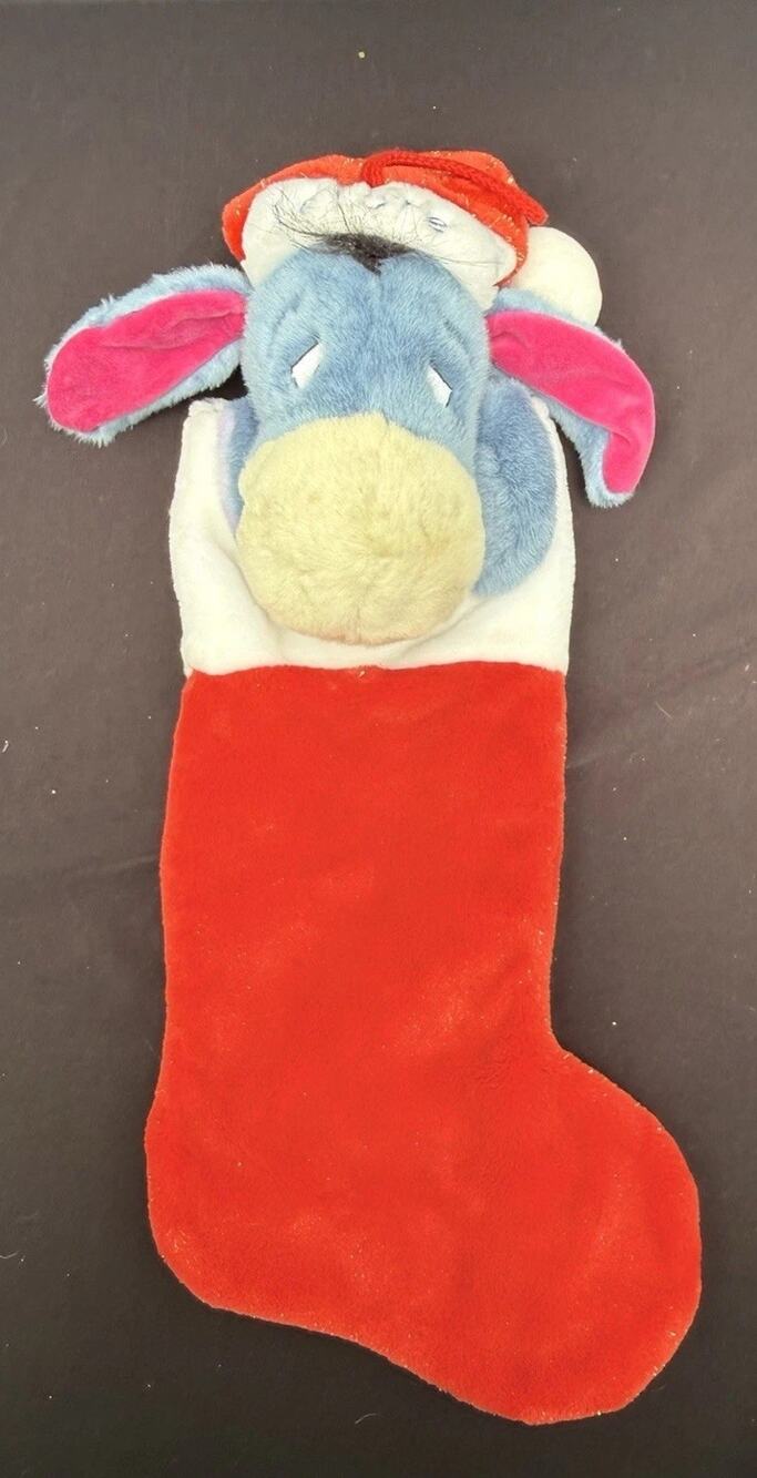 Vtg Disney Winnie The Pooh Eeyore Plush Christmas Stocking Santa Hat 20” Gold